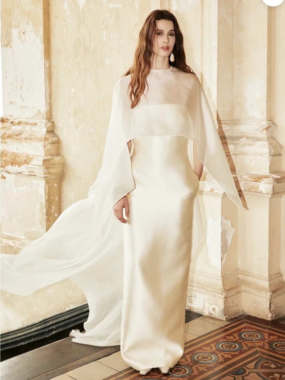 Minimalist Ivory Bridal Gown with Sheer Cape Overlay